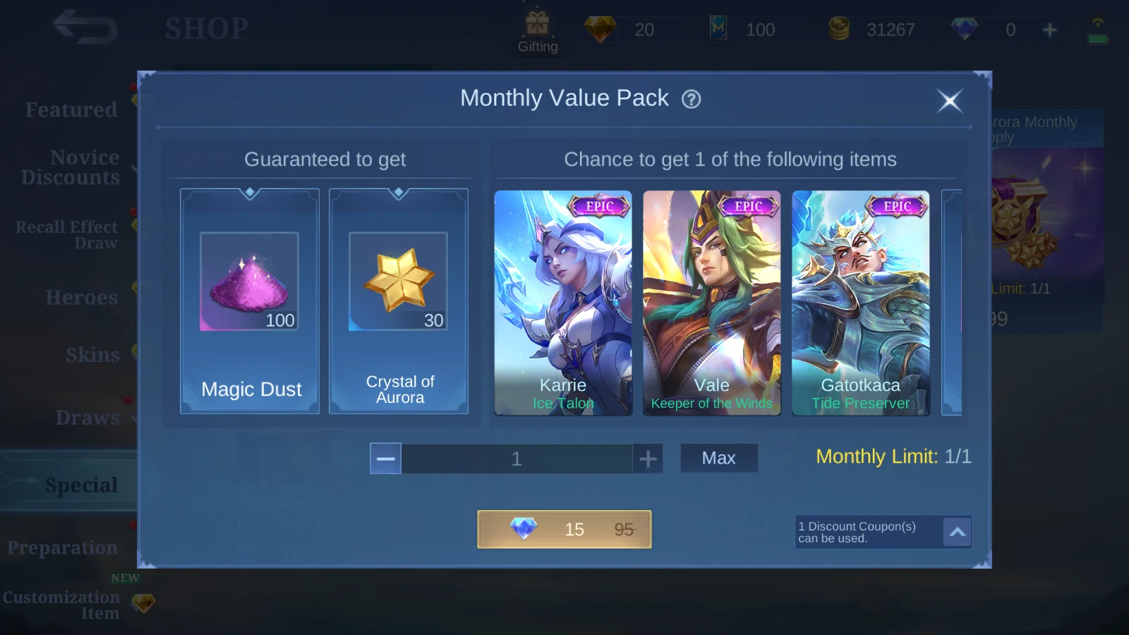 MLBB Monthly Value Pack purchase popup showing guaranteed rewards and coupon note on July 23 2026