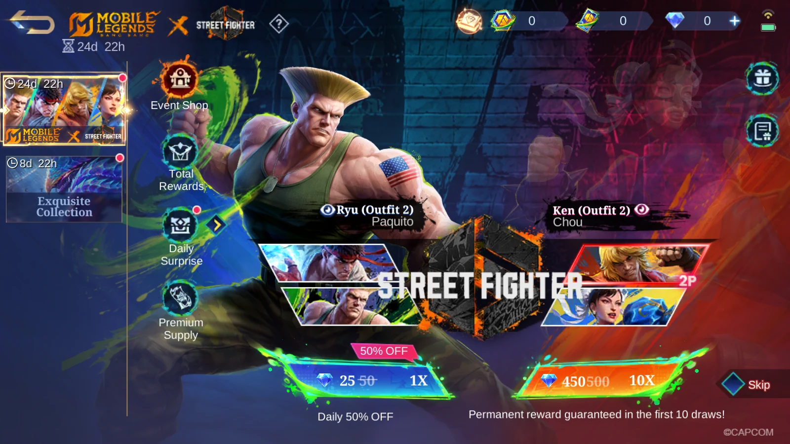 MLBB x Street Fighter draw page showing discounted 1X and 10X draw prices on July 23 2026