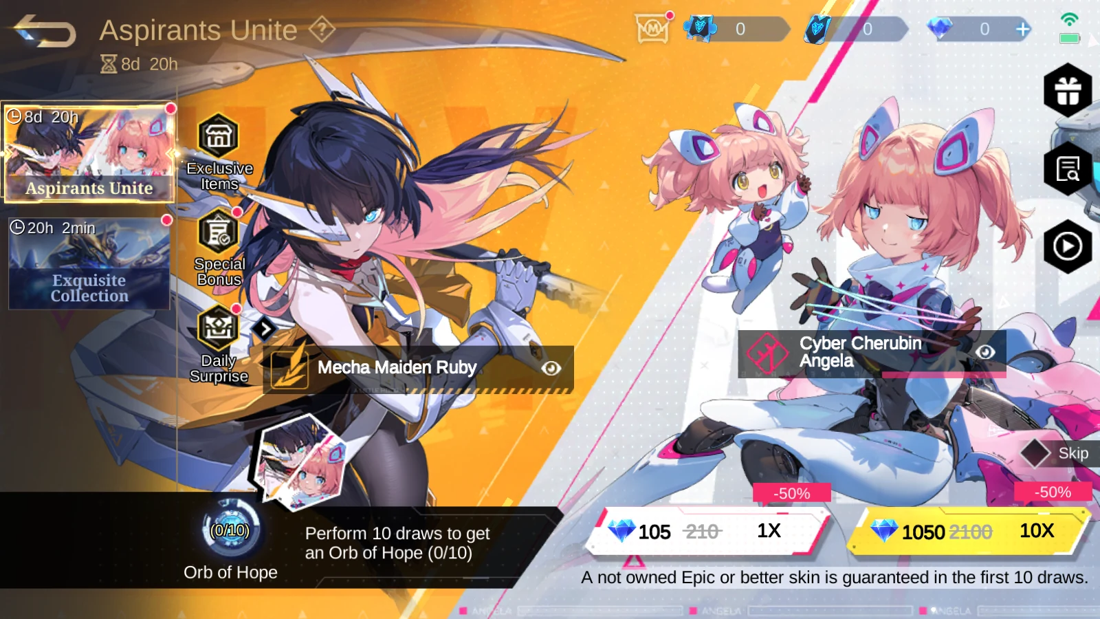 MLBB Aspirants Unite landing page showing Angela Cyber Cherubin, Ruby Mecha Maiden, 105 Diamond 1X draw, 1050 Diamond 10X draw, and Orb of Hope progress.