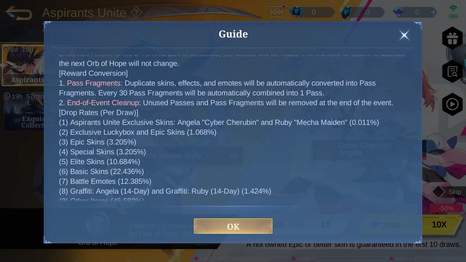 MLBB Aspirants Unite guide page showing duplicate reward conversion, end-of-event cleanup, and per-draw drop rates.