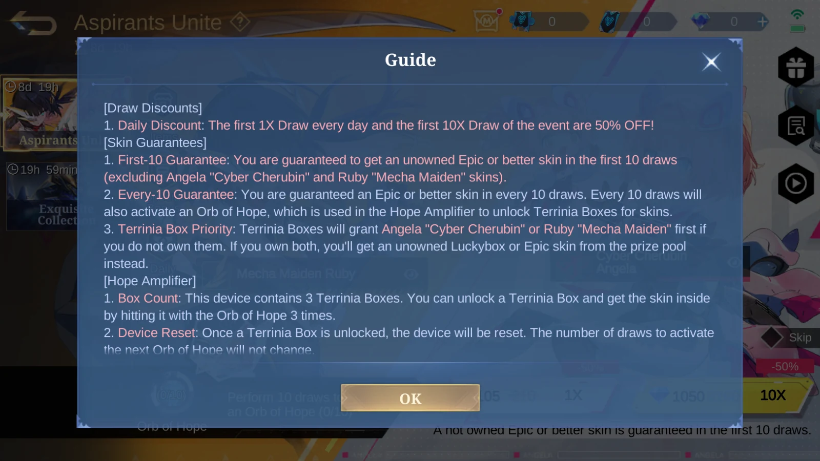 MLBB Aspirants Unite guide page showing daily draw discount, first-10 guarantee, every-10 guarantee, Terrinia Box priority, and Hope Amplifier rules.
