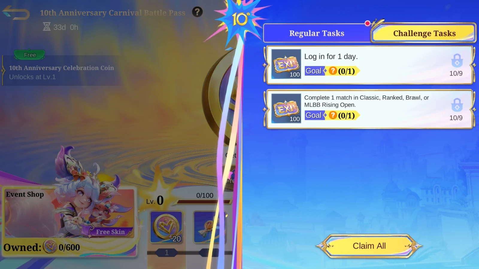 MLBB 10th Anniversary Carnival Battle Pass challenge tasks locked until 10/9 with 100 EXP rewards