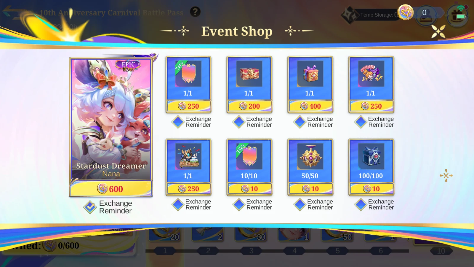 MLBB 10th Anniversary Event Shop showing Nana Stardust Dreamer Epic skin for 600 Celebration Coins