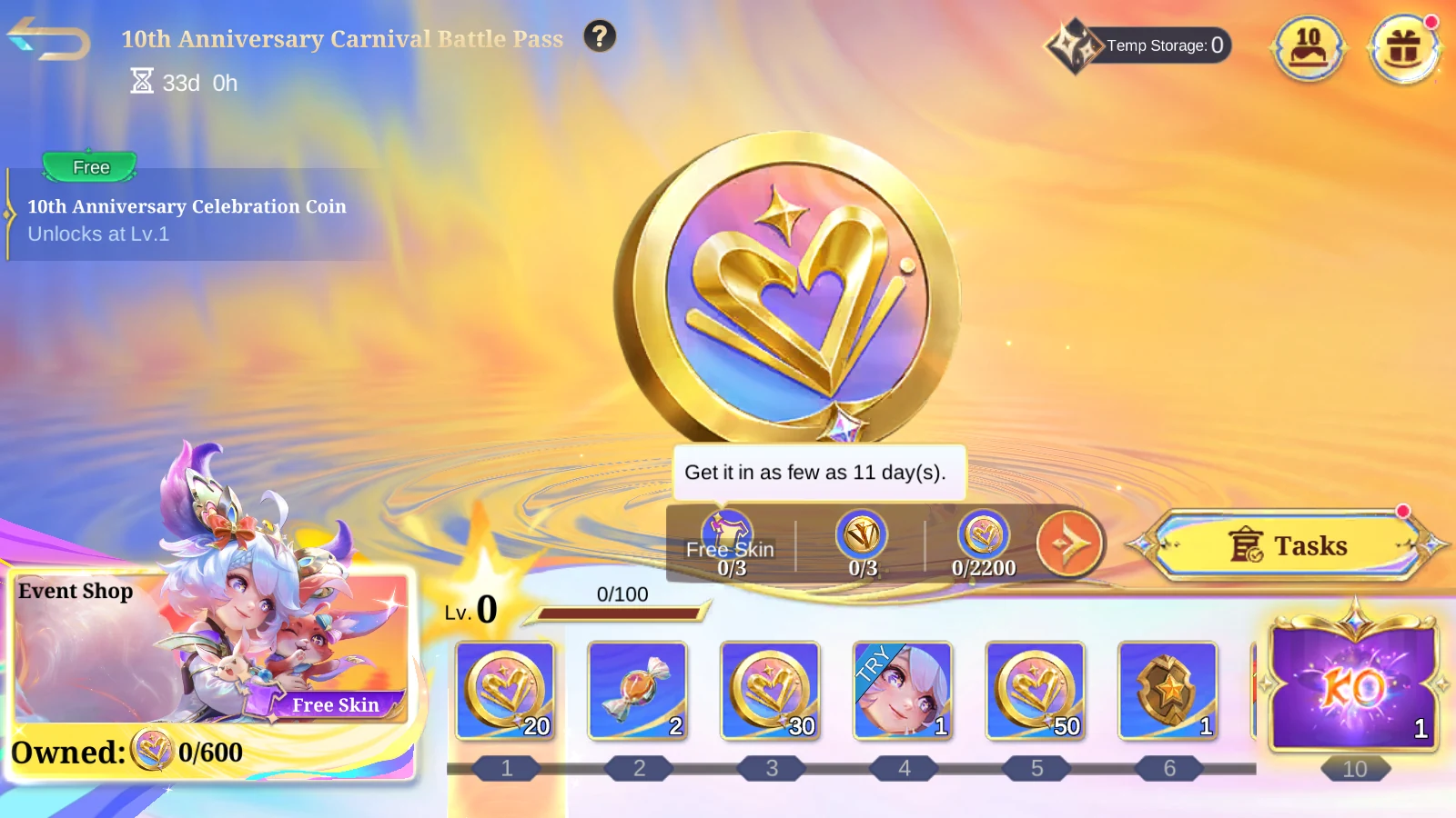 MLBB 10th Anniversary Carnival Battle Pass landing showing 33 days remaining and Battle Pass rewards