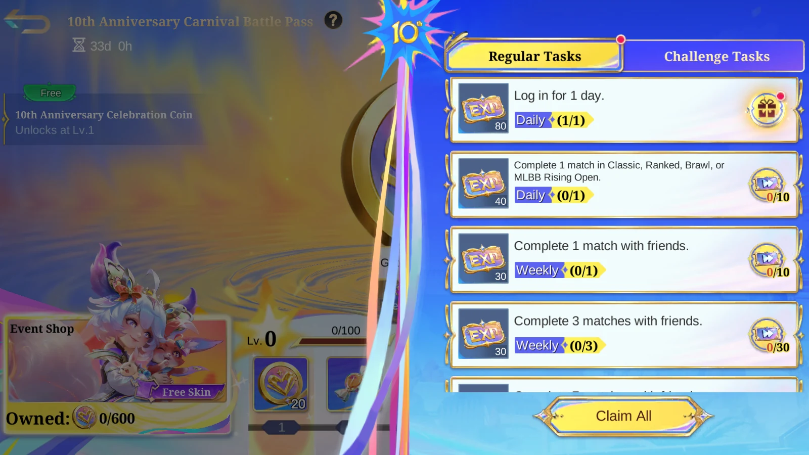 MLBB 10th Anniversary Carnival Battle Pass regular tasks with login and match EXP rewards