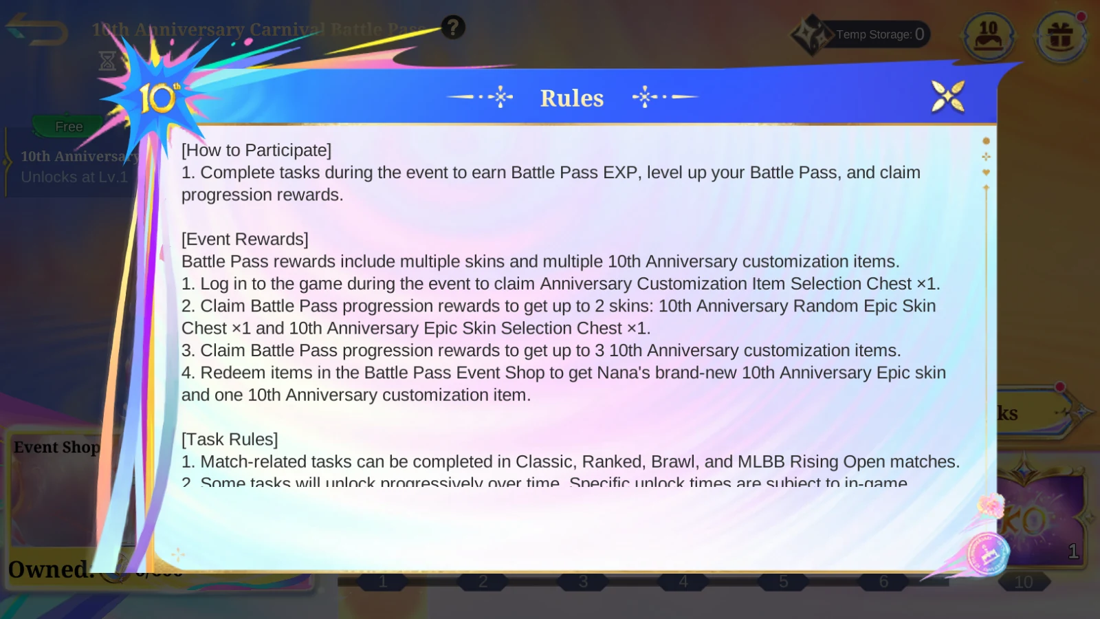 MLBB 10th Anniversary Carnival Battle Pass rules explaining Battle Pass EXP skins and Event Shop rewards