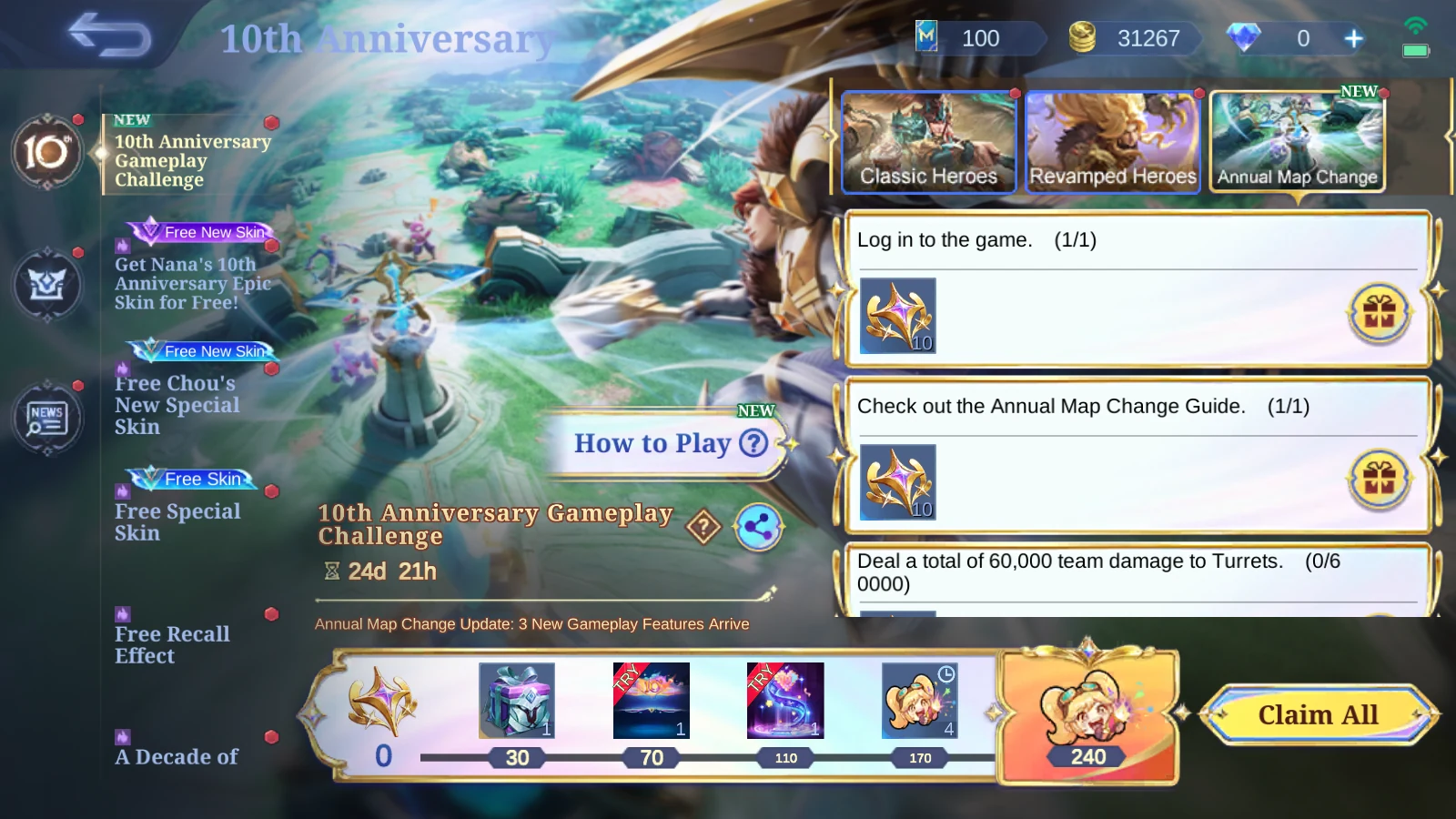 MLBB 10th Anniversary Gameplay Challenge Annual Map Change tab showing guide task and 60000 turret team damage task