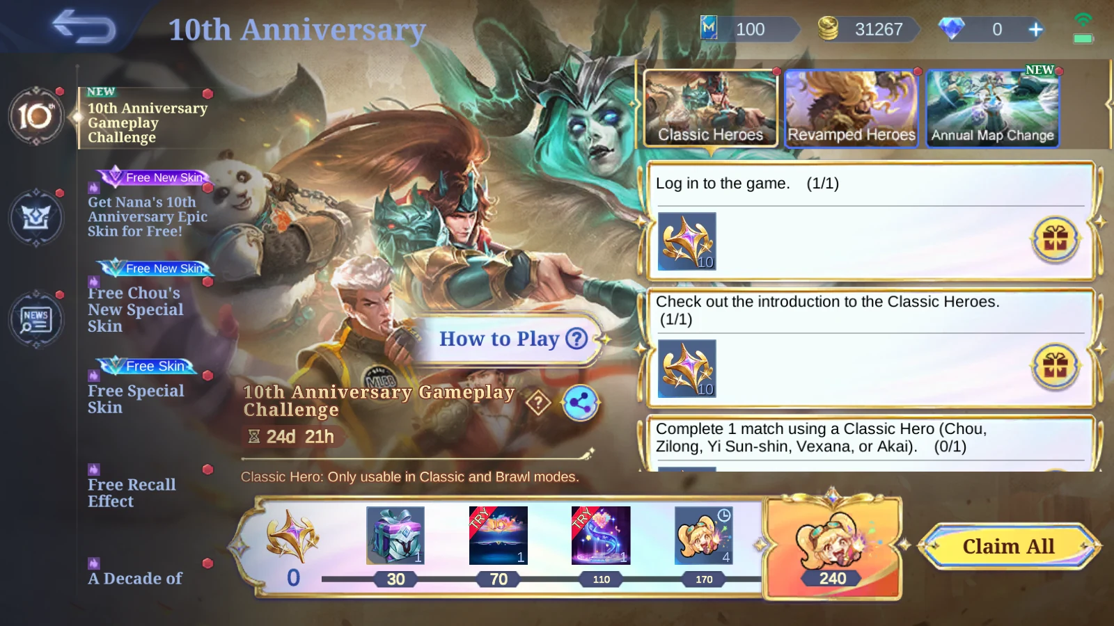 MLBB 10th Anniversary Gameplay Challenge Classic Heroes tab showing timer tasks and reward track