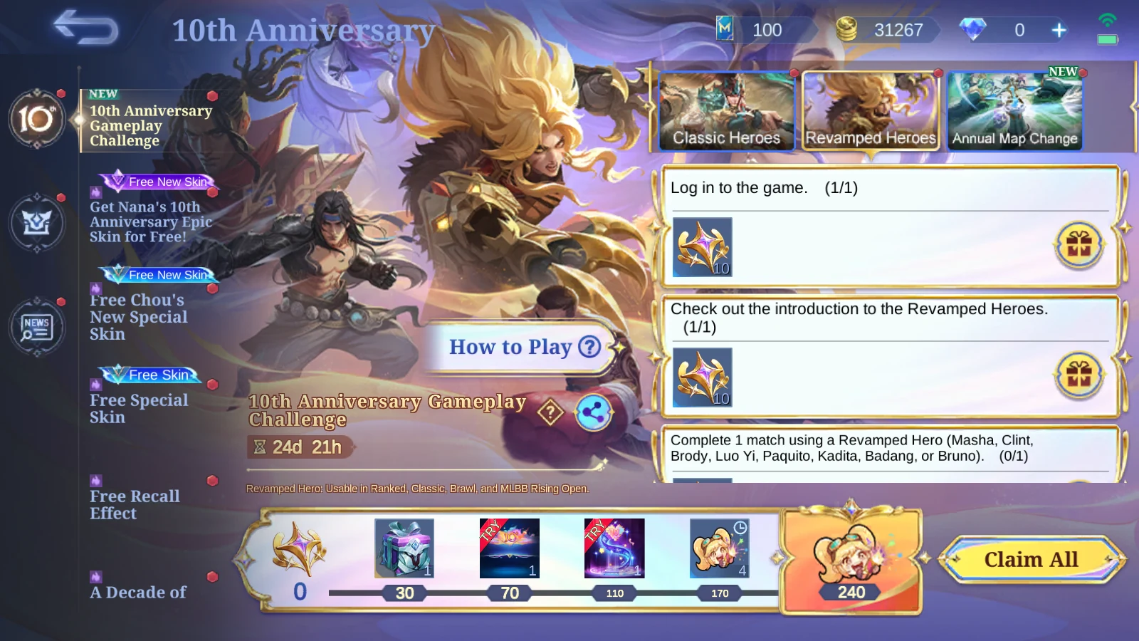MLBB 10th Anniversary Gameplay Challenge Revamped Heroes tab with Masha Clint Brody Luo Yi Paquito Kadita Badang and Bruno