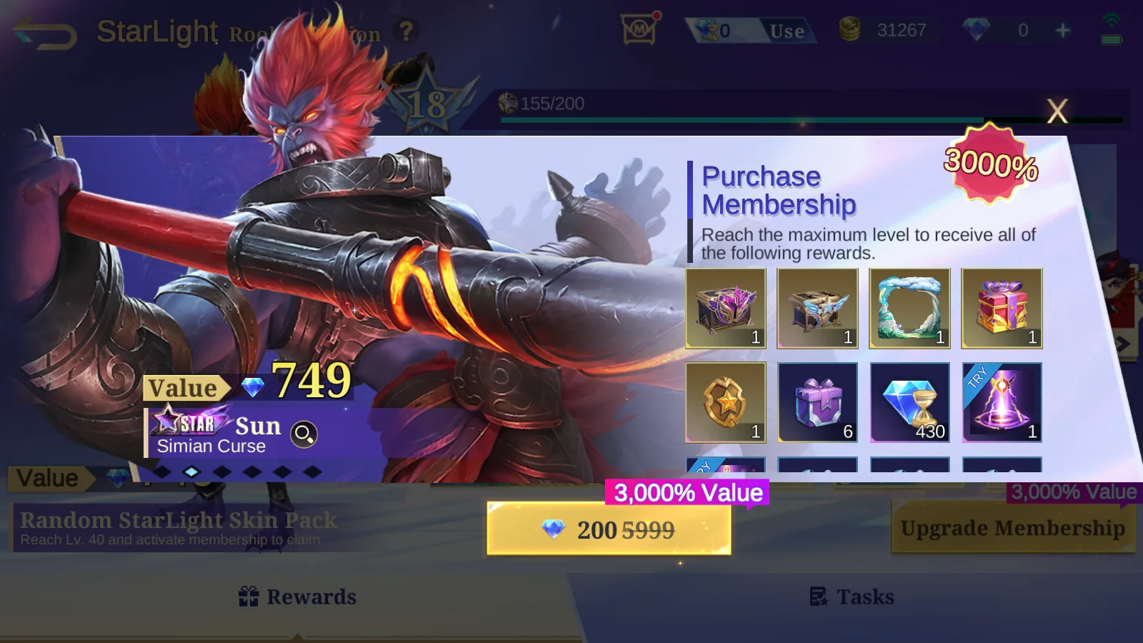 MLBB StarLight Rookie Edition Purchase Membership popup showing Sun Simian Curse and a 200 Diamond upgrade button.