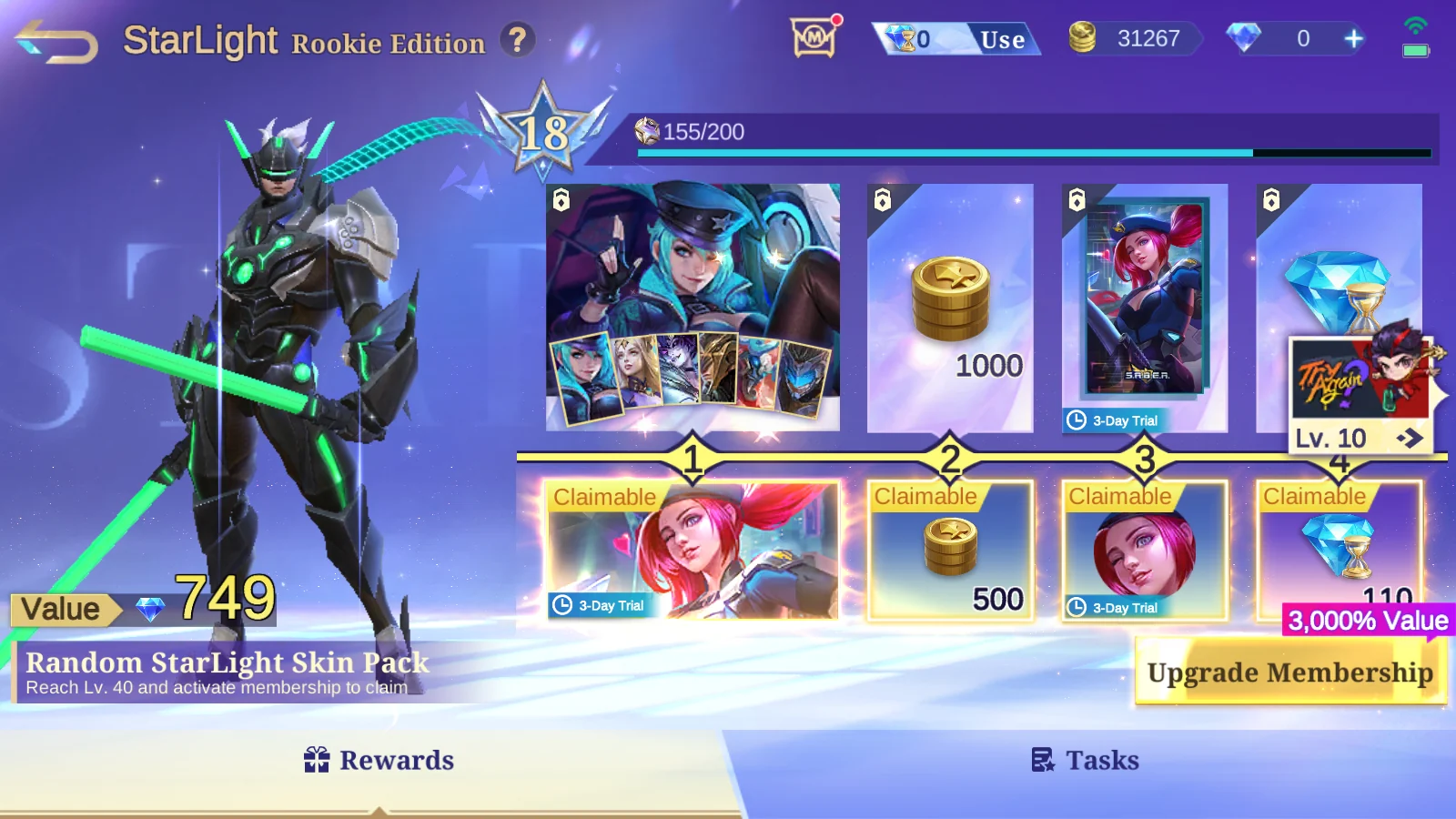MLBB StarLight Rookie Edition reward track showing level 18 progress and the Upgrade Membership button.
