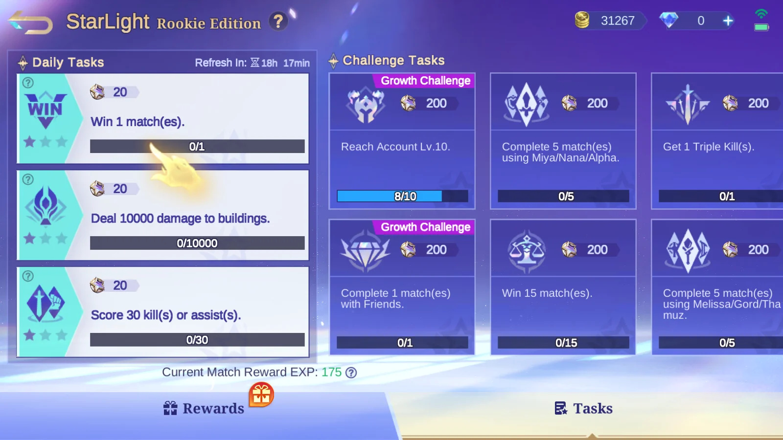 MLBB StarLight Rookie Edition task page with daily tasks, challenge tasks, point rewards, and refresh timer.