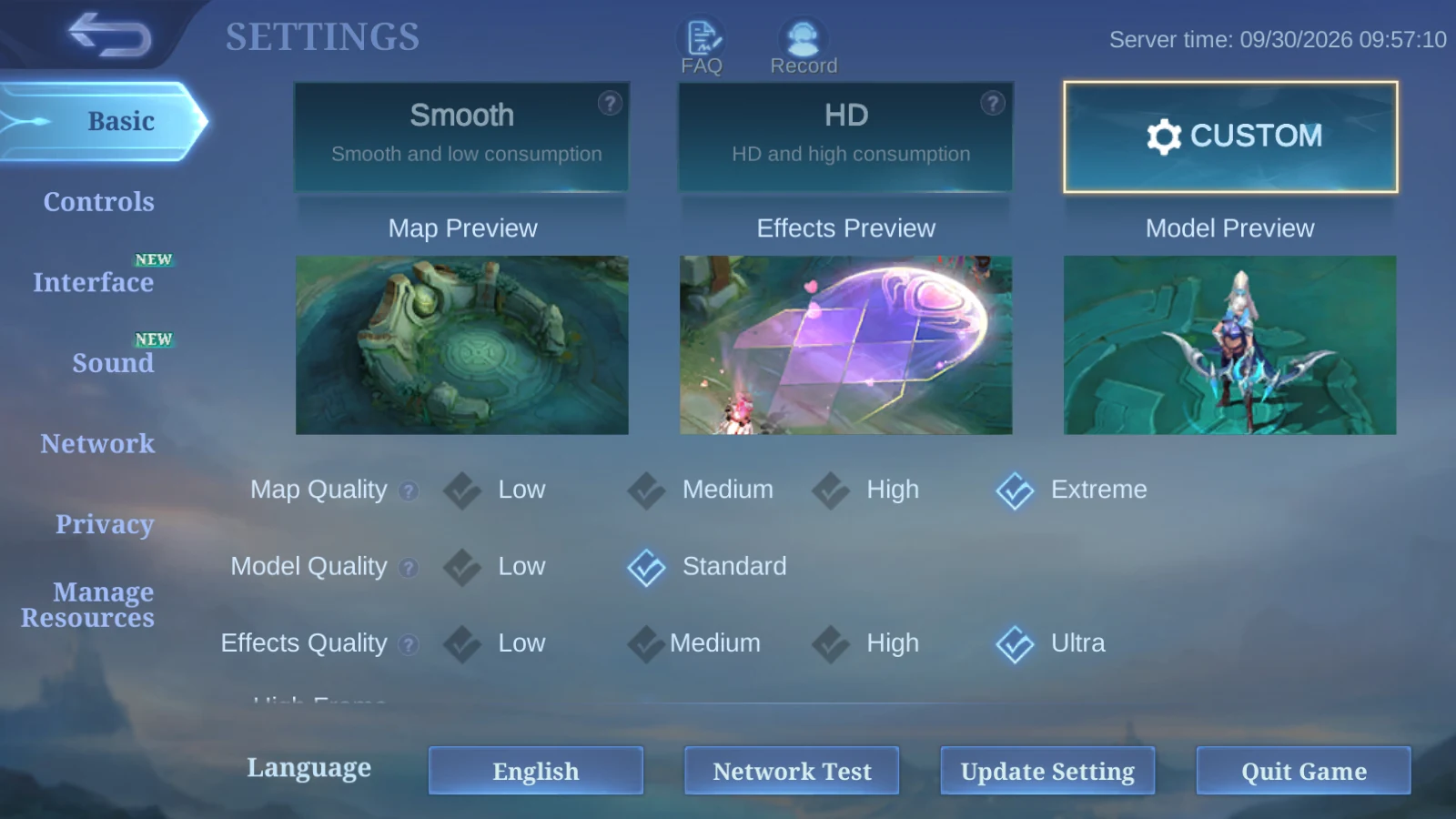 MLBB settings screen showing English language and server time still on September 30 during the Sun Exquisite status check.