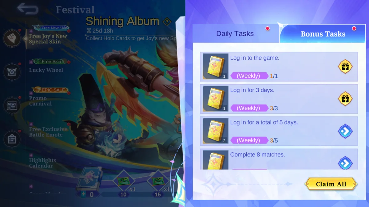 MLBB Shining Album bonus tasks showing weekly login and match progress card pack rewards