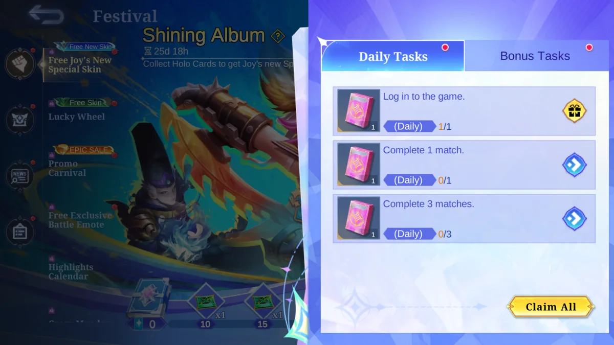 MLBB Shining Album daily tasks showing login and match card pack rewards