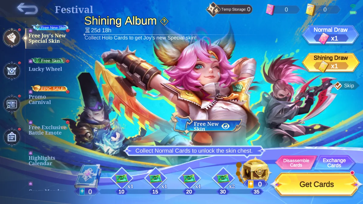 MLBB Shining Album event page showing Free Joy's New Special Skin and 25-day timer