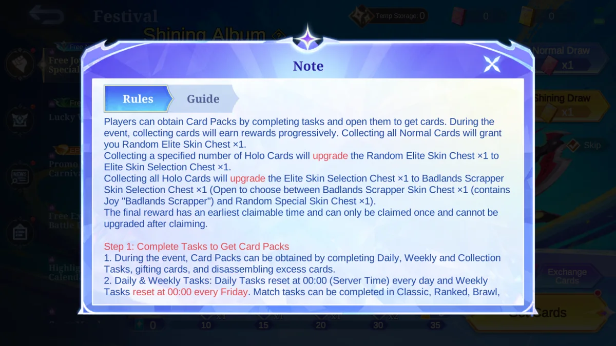 MLBB Shining Album rules explaining Card Packs, Normal Cards, Holo Cards and skin chest upgrades