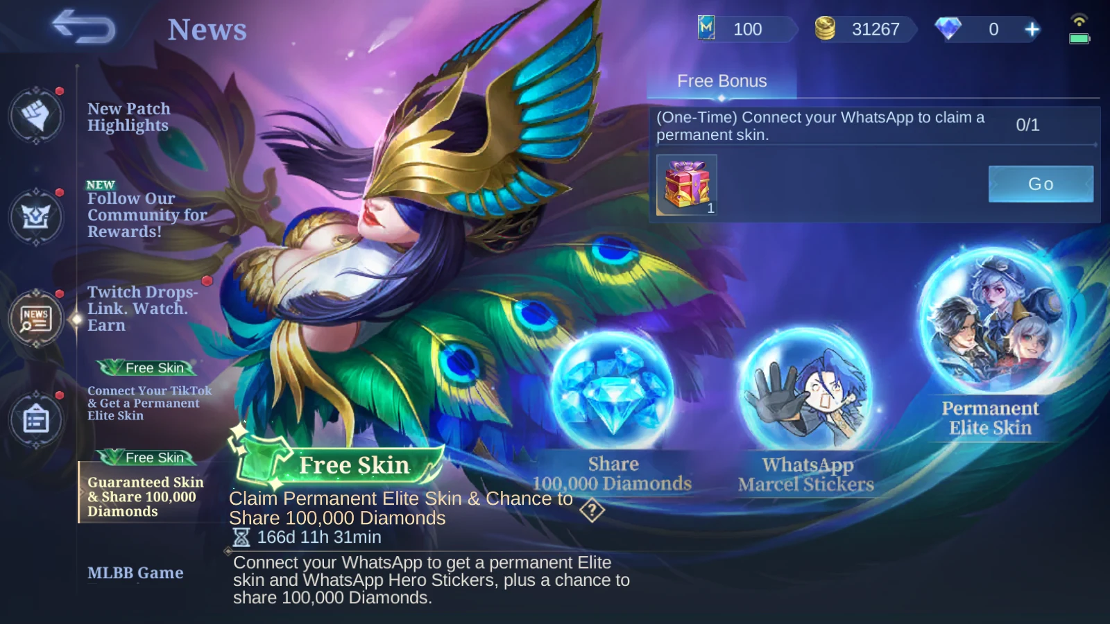 MLBB WhatsApp event landing showing permanent Elite skin and chance to share 100000 Diamonds