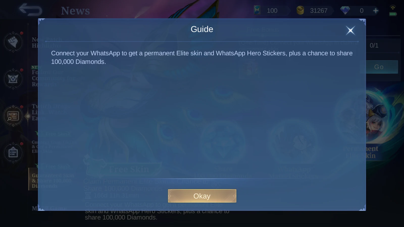 MLBB WhatsApp event guide popup confirming permanent Elite skin and WhatsApp Hero Stickers reward