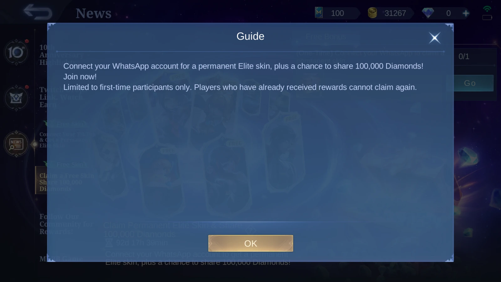 MLBB WhatsApp event guide popup stating first-time participants can connect WhatsApp for a permanent Elite skin and 100000 Diamonds share chance