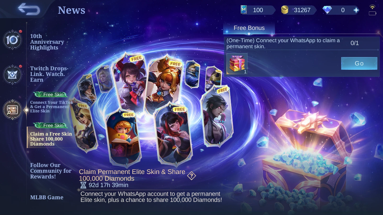 MLBB WhatsApp event page showing Claim Permanent Elite Skin and Share 100000 Diamonds with a one-time WhatsApp task