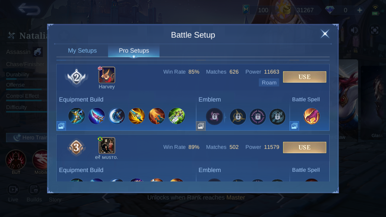 Current in-game Natalia Pro Setup rank 2 snapshot