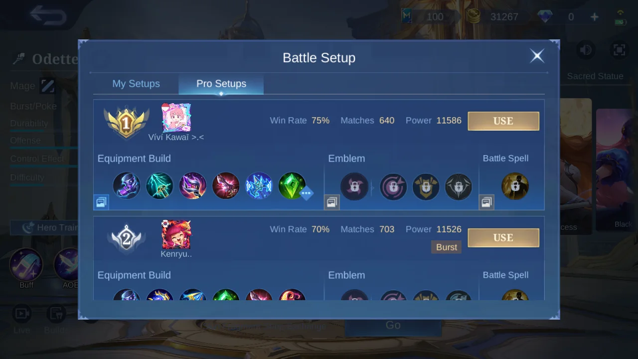Odette Pro Setup rank 1 in-game build sample