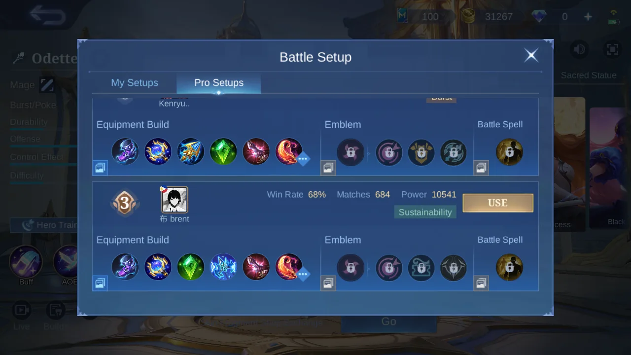 Odette Pro Setup rank 2 in-game build sample
