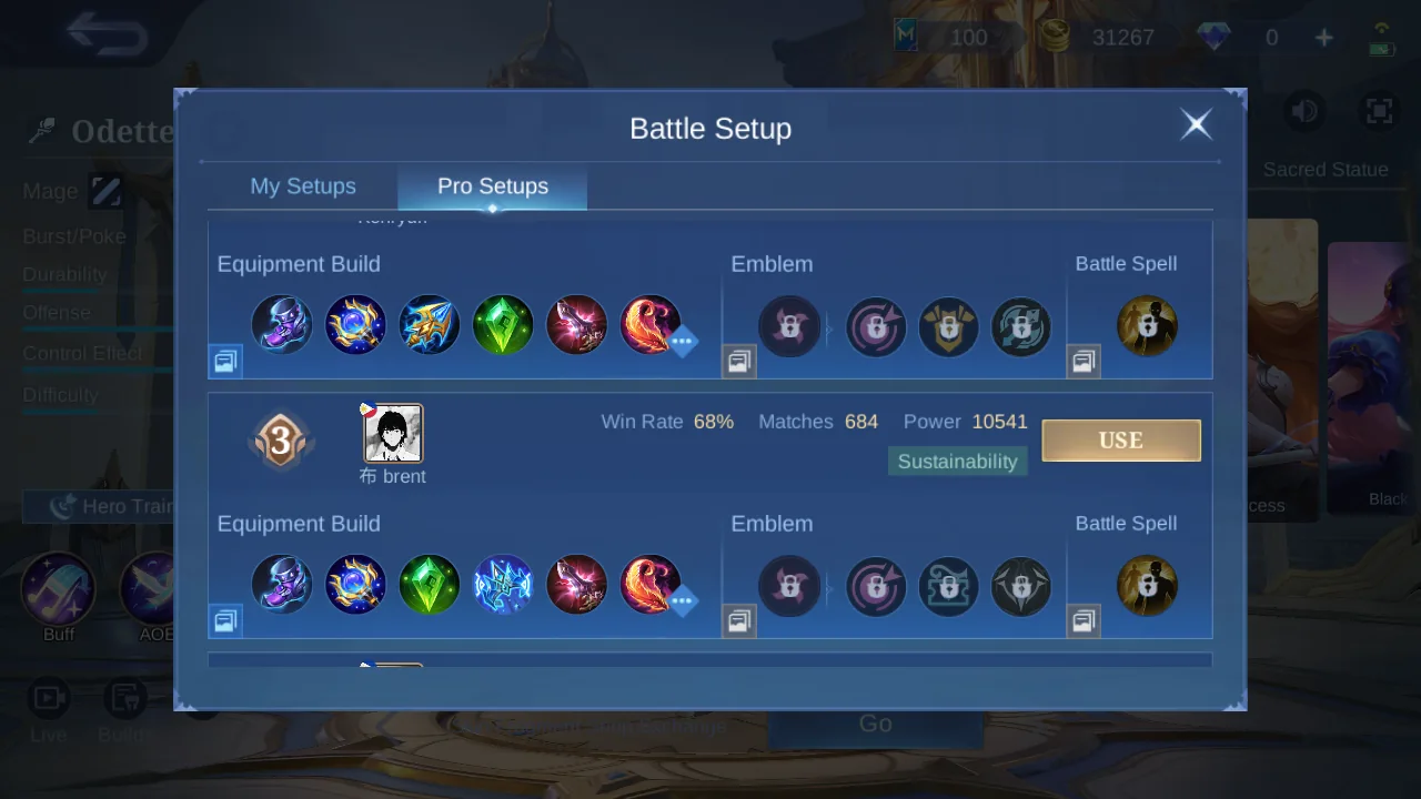 Odette Pro Setup rank 3 in-game build sample