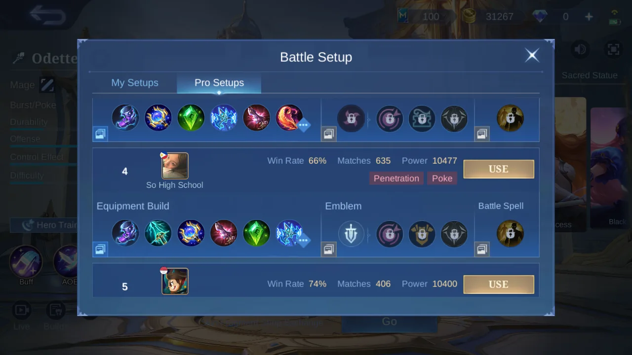 Odette Pro Setup rank 4 in-game build sample