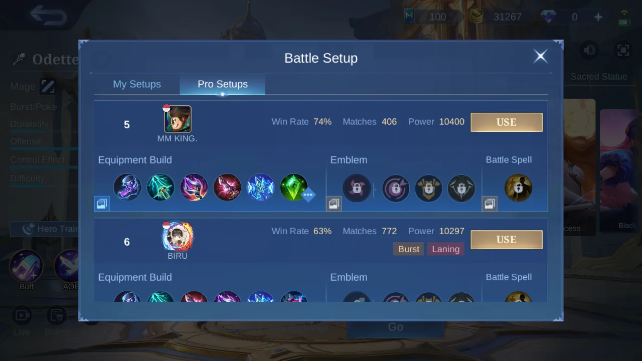 Odette Pro Setup rank 5 in-game build sample