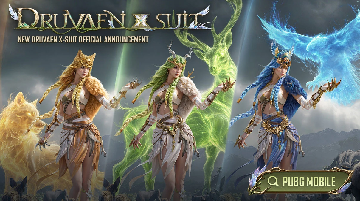 PUBG MOBILE Druvaen X-Suit official announcement artwork with Verdant Pyre and Frost forms