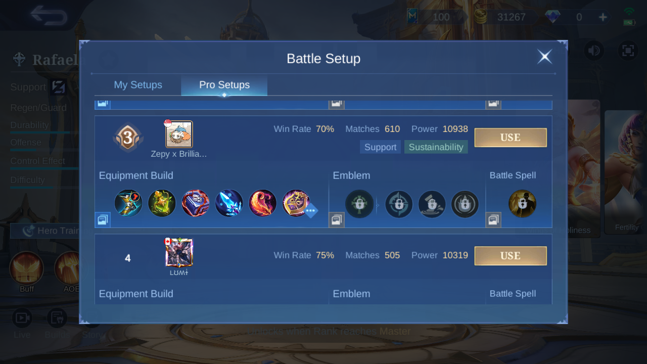 Rafaela Pro Setup rank 3 in-game build sample