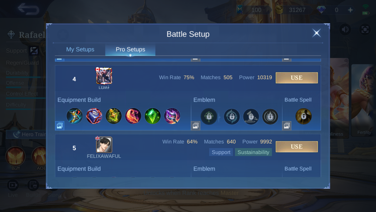 Rafaela Pro Setup rank 4 in-game build sample