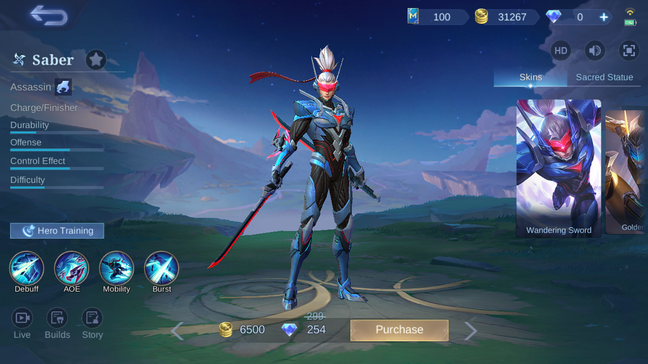 Saber hero page in the MLBB in-game