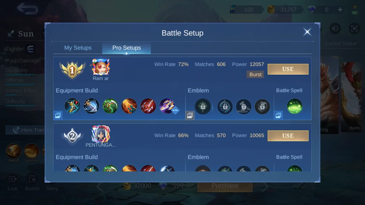 Sun Pro Setup rank 1 in-game build sample