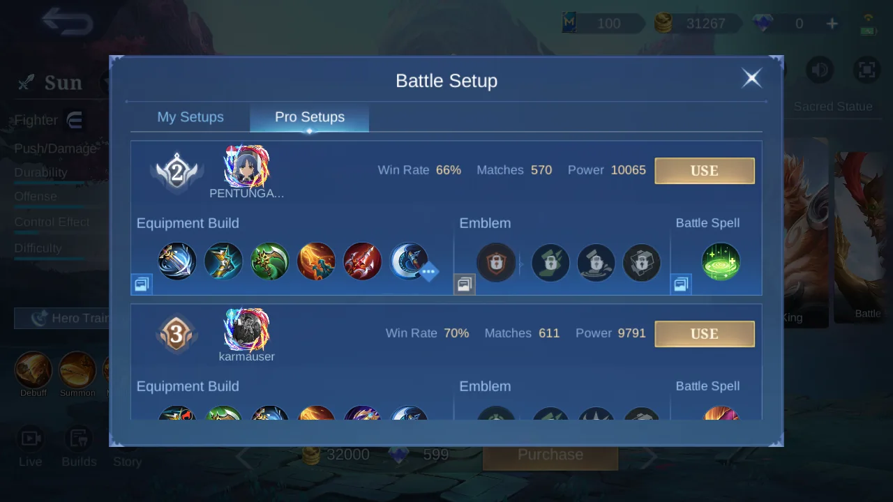 Sun Pro Setup rank 2 in-game build sample