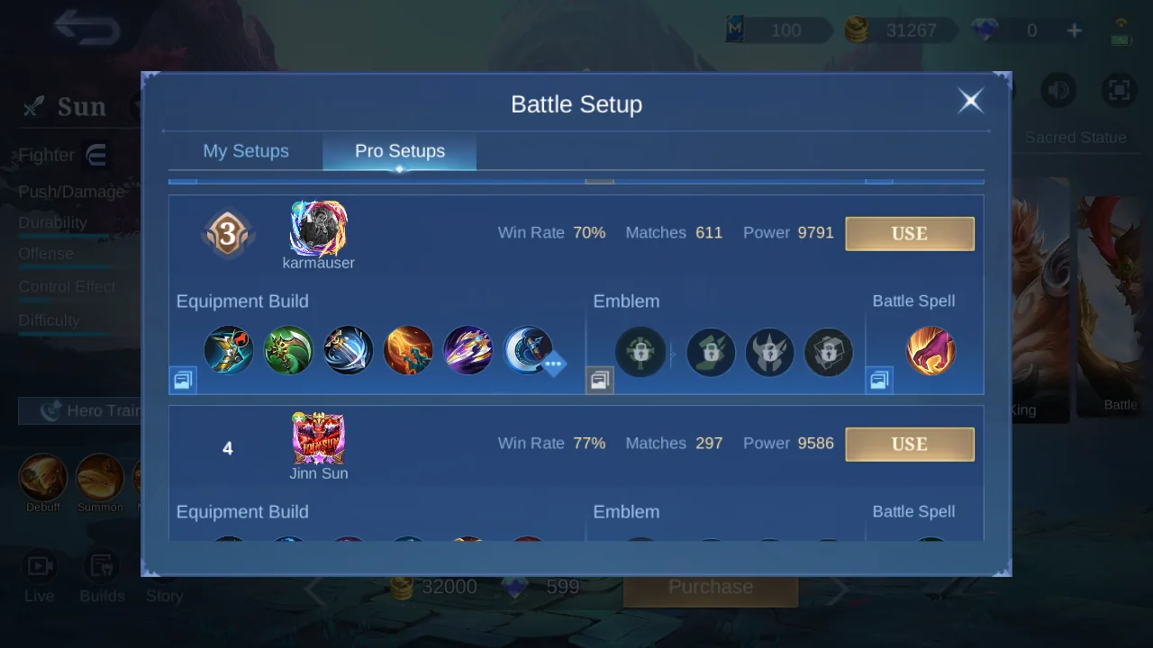 Sun Pro Setup rank 3 in-game build sample
