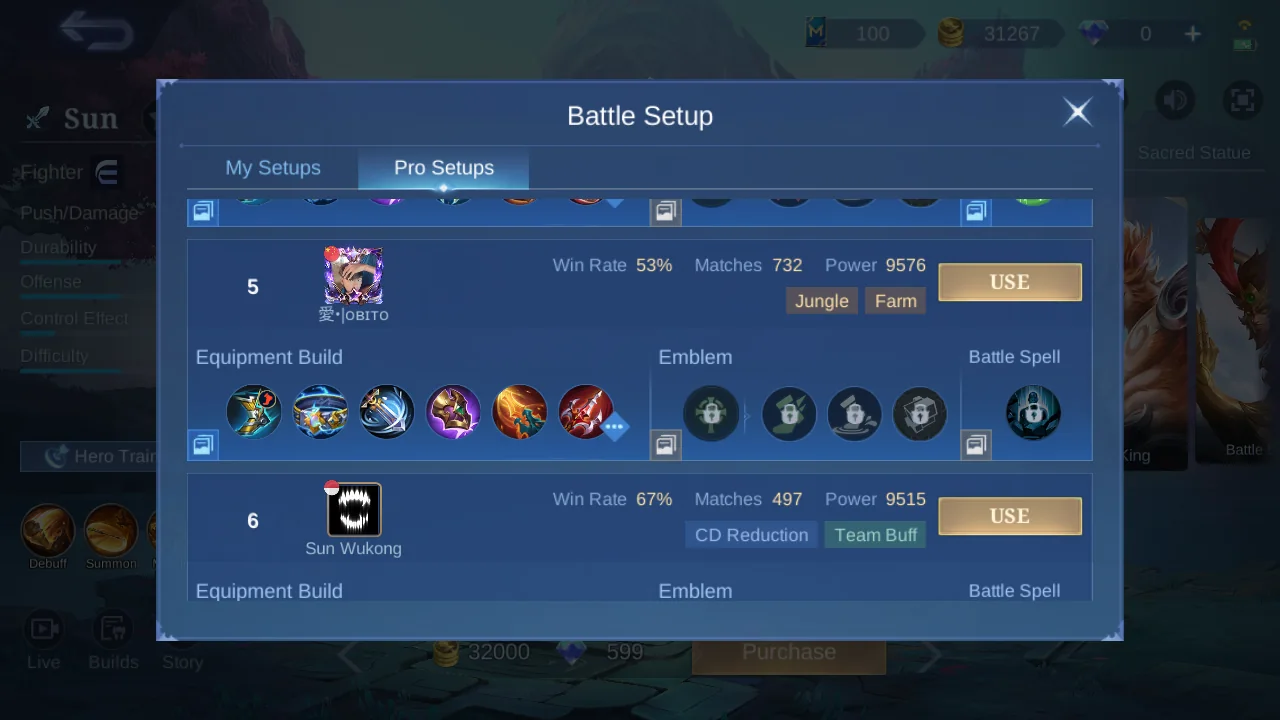 Sun Pro Setup rank 5 in-game build sample