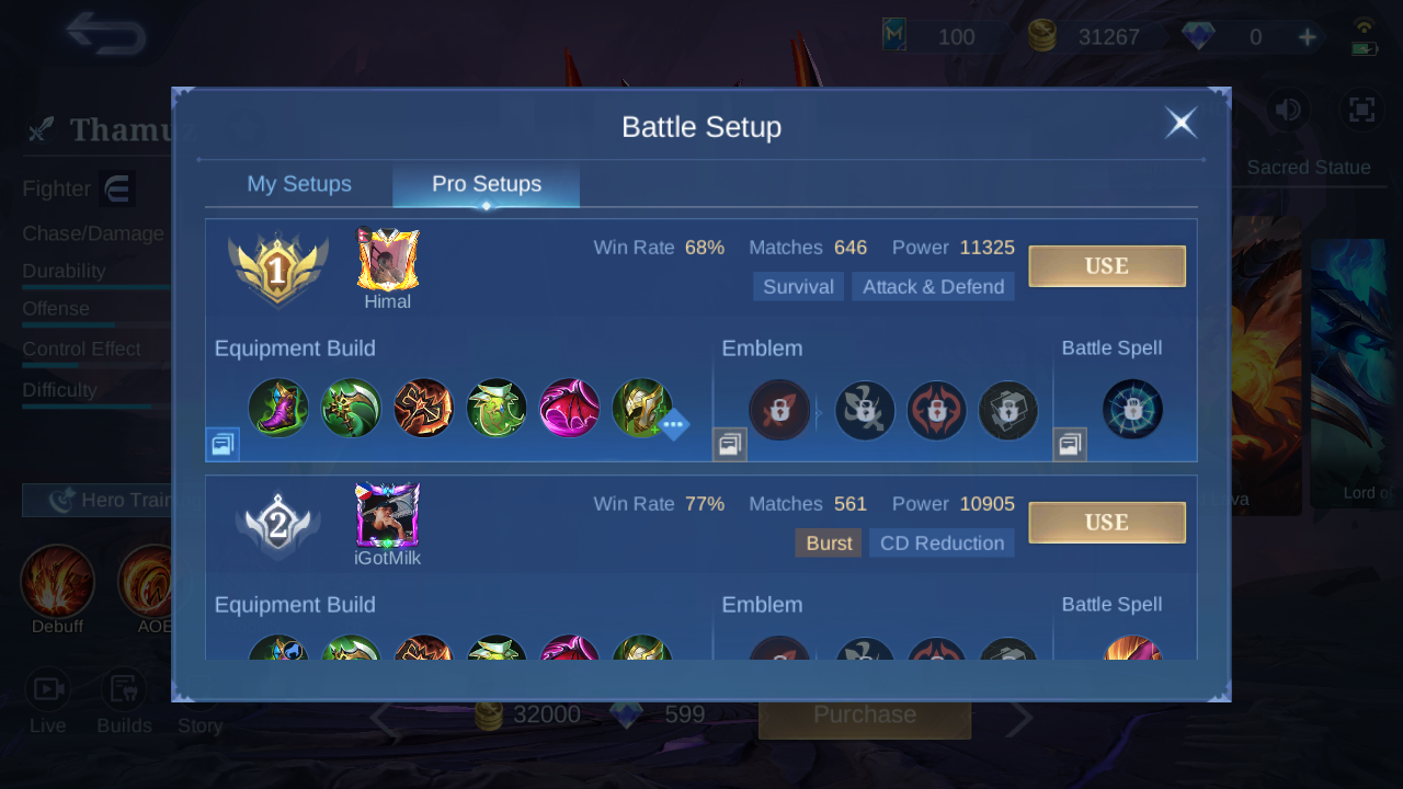 Thamuz Pro Setup rank 1 in-game build sample