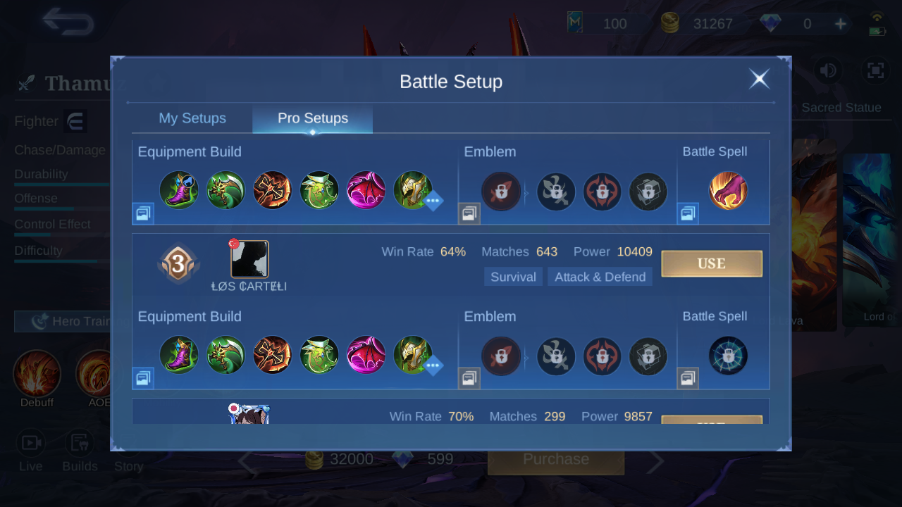 Thamuz Pro Setup rank 2 in-game build sample