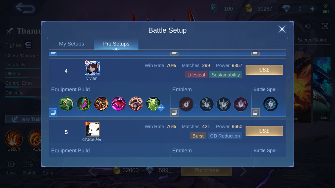 Thamuz Pro Setup rank 4 in-game build sample