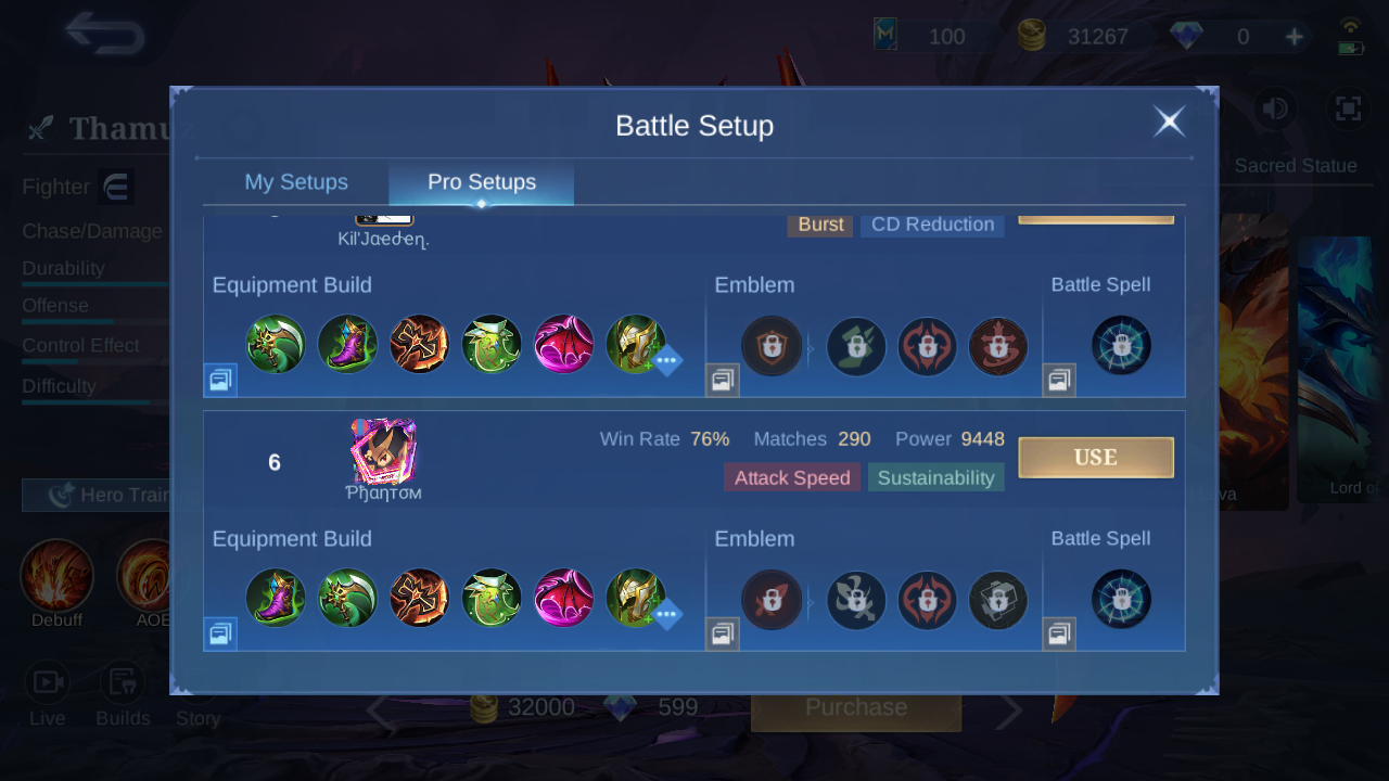 Thamuz Pro Setup rank 5 in-game build sample
