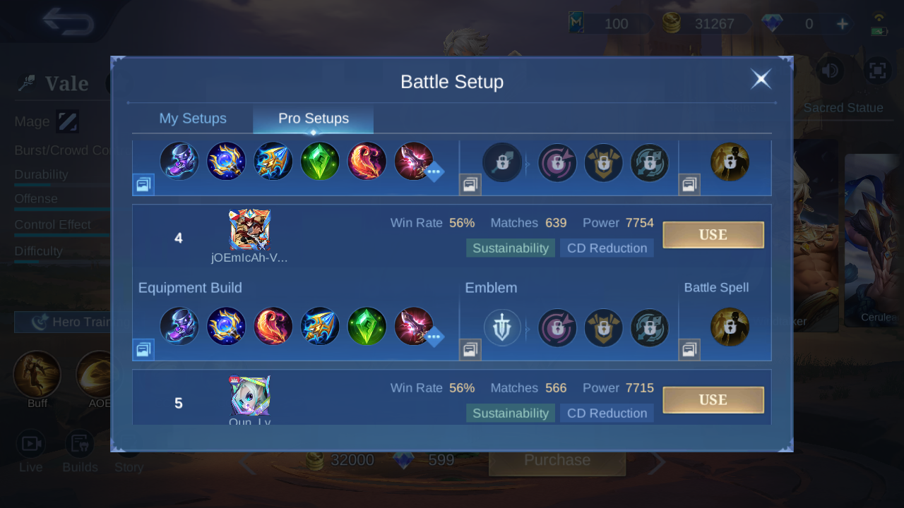 Vale Pro Setup rank 4 in-game build sample
