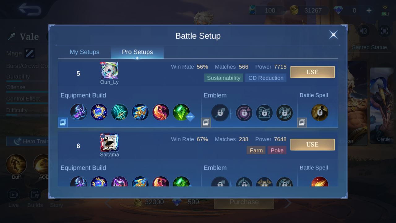 Vale Pro Setup rank 5 in-game build sample