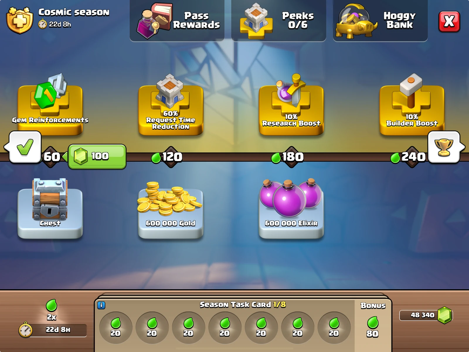 Clash of Clans 遊戲內 Gold Pass 獎勵軌道與任務介面