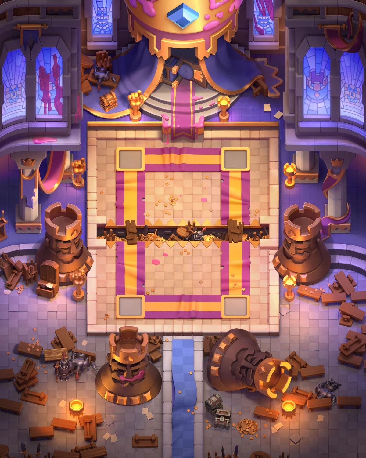Clash Royale 官方競技場地圖,顯示雙路、防禦塔與河道