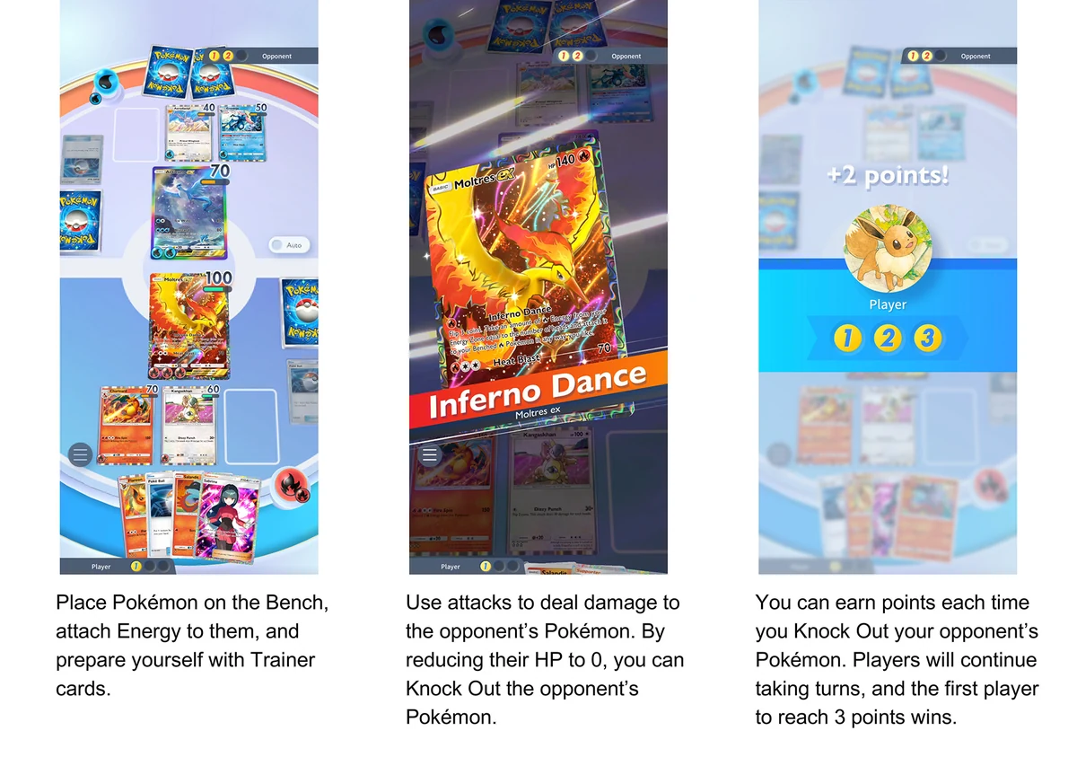 Pokémon TCG Pocket 官方對戰流程畫面,展示場上、後備、能源與三點勝利
