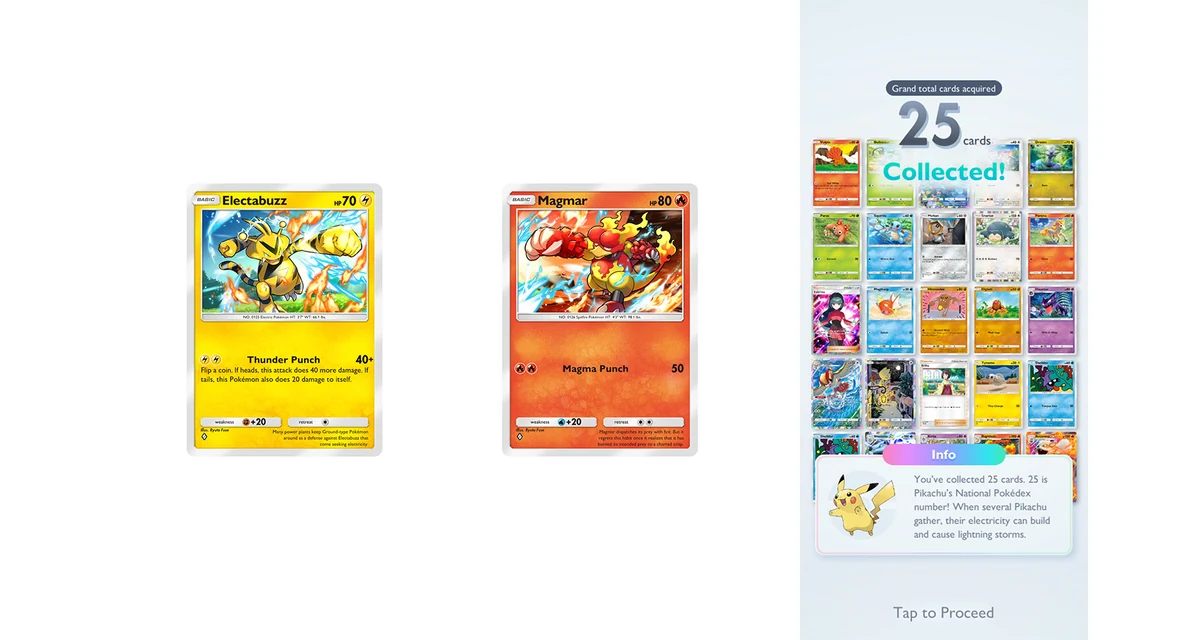 Pokémon TCG Pocket 官方收藏畫面,展示多張卡片與收藏介面