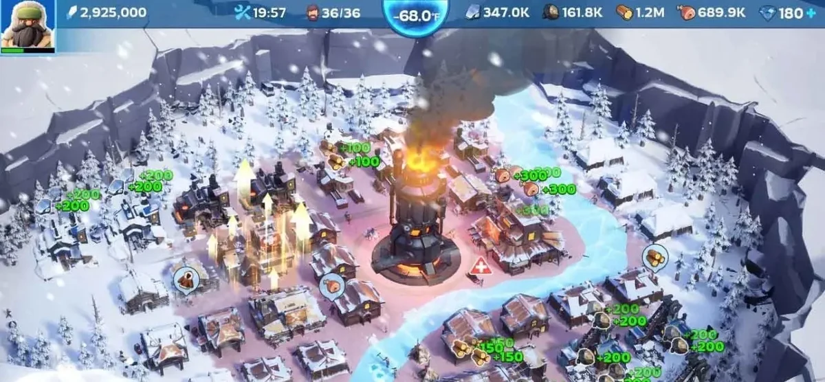 Whiteout Survival 實際雪地聚落畫面，顯示熔爐、資源與居民狀態